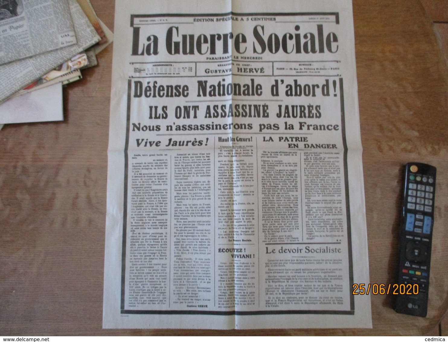 FAC-SIMILE DU JOURNAL LA GUERRE SOCIALE DU SAMEDI 1er AOUT 1914 - French