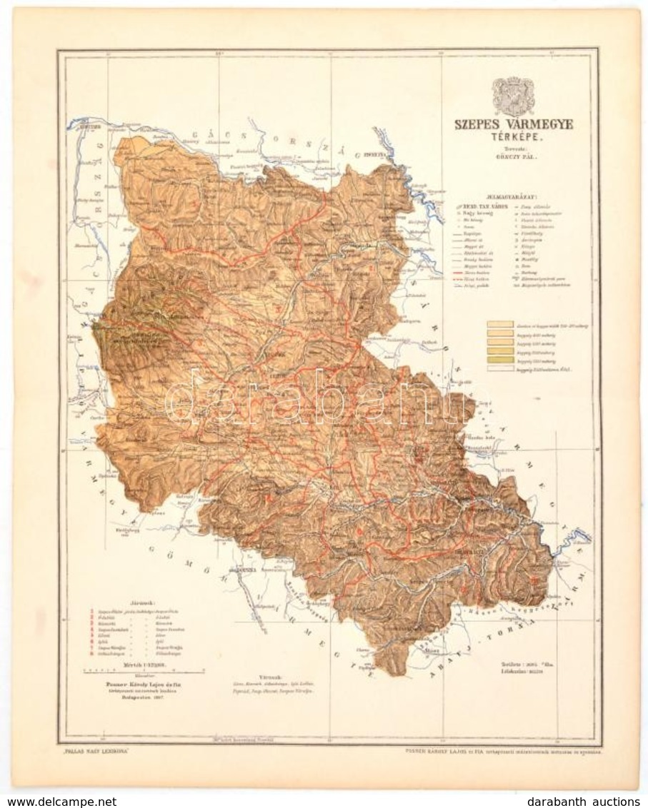 1897 Szepes Vármegye Térképe,1:420.000, Tervezte: Gönczy Pál, Pallas Nagy Lexikona, Bp., Posner, 29,5x23,5 Cm - Autres & Non Classés