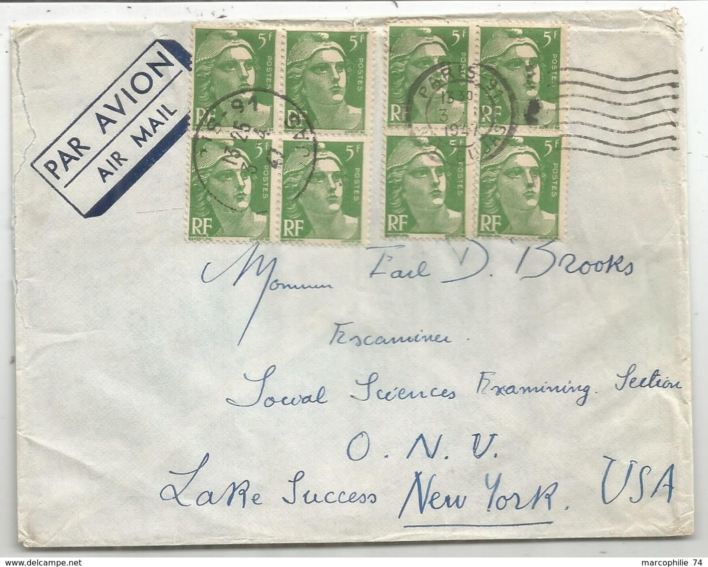 GANDON 5FR N°719X8 LETTRE AVION PARIS 91 3.4.1947 POUR USA AU TARIF - 1945-54 Marianne Of Gandon