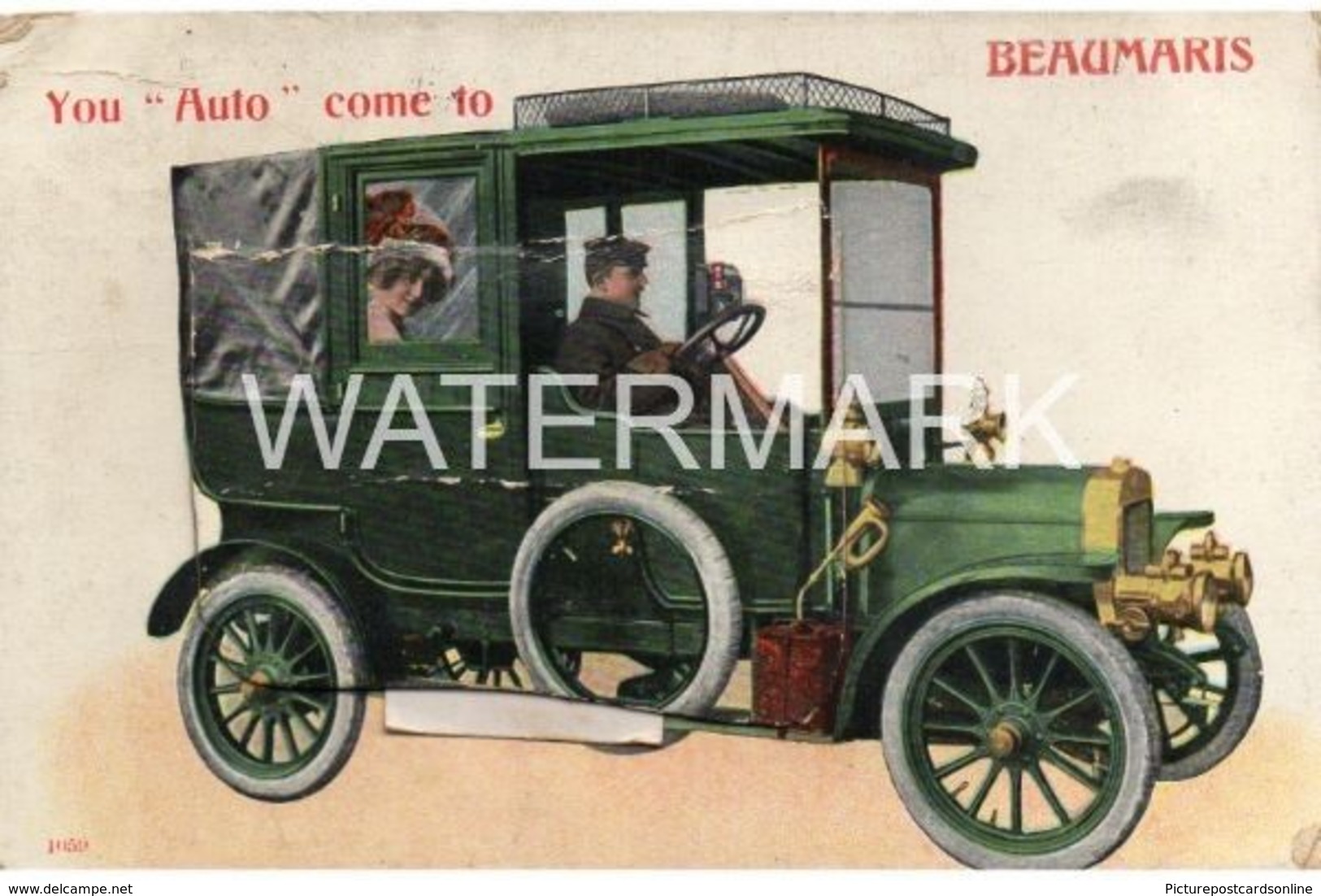 BEAUMARIS YOU AUTO COME OLD NOVELTY  COLOUR POSTCARD GLAMORGAN ANGLESEY VIEWS INSIDE . MOTOR CAR - Anglesey
