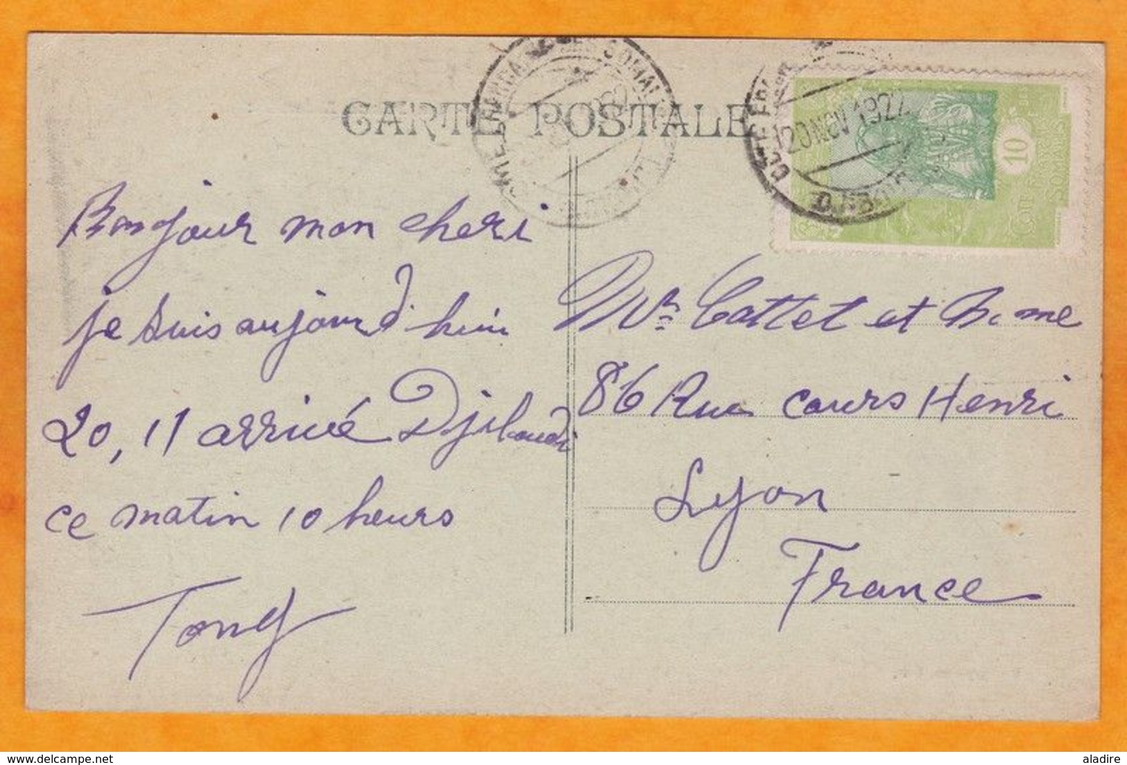 1922 - CP De Djibouti, CFS Vers Lyon, France - Affranchissement 10 C  - Vue Place Ménélik - Lettres & Documents