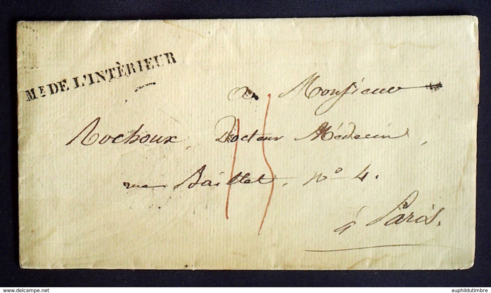 1827 France Lettre Taxe Avec Griffe Me DE L'INTERIEUR En Noir AA41 - Burgerlijke Brieven Zonder Portkosten