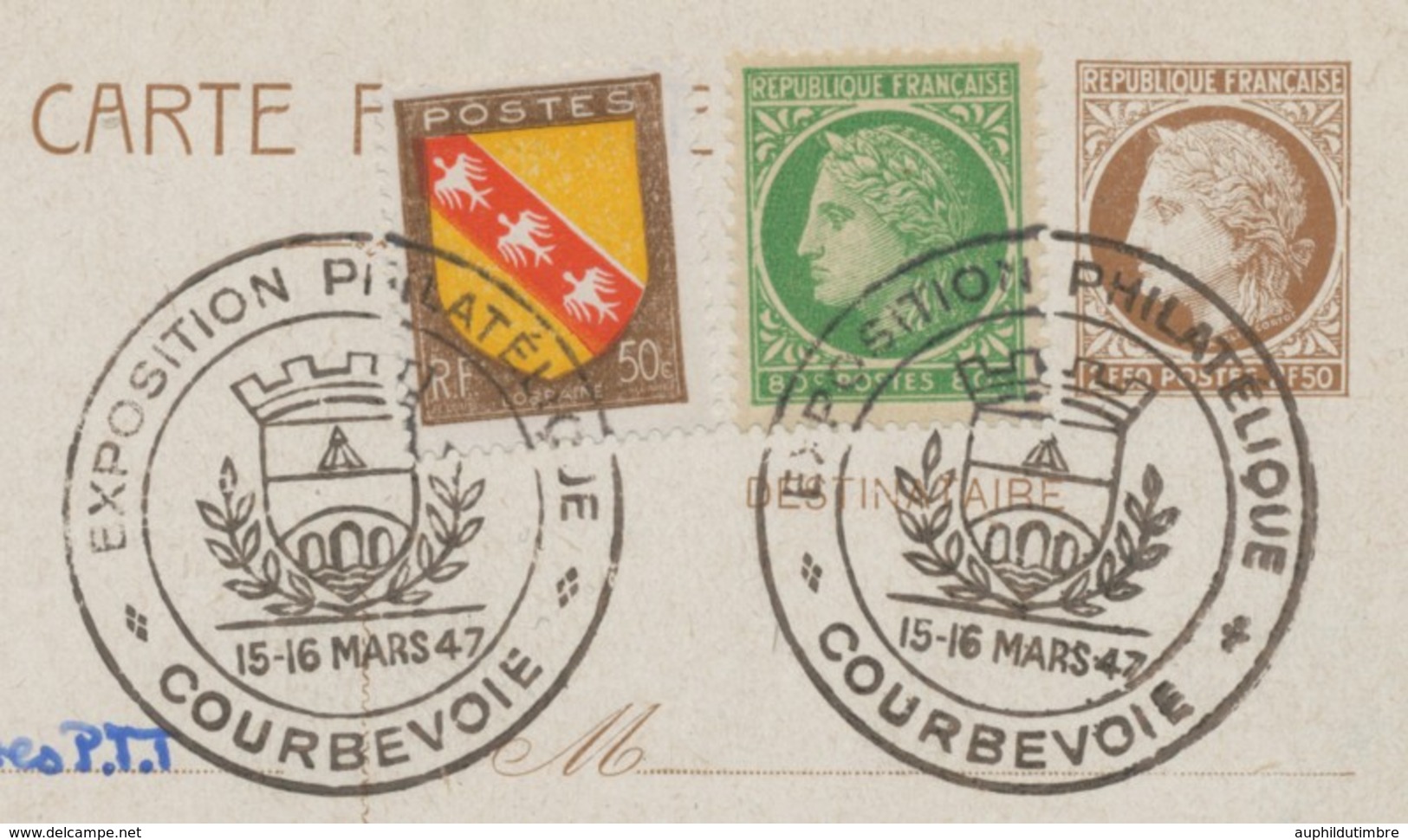 1947 CP Obl. EXPO Phil. De COURBEVOIE LUXE C467 - Gedenkstempel