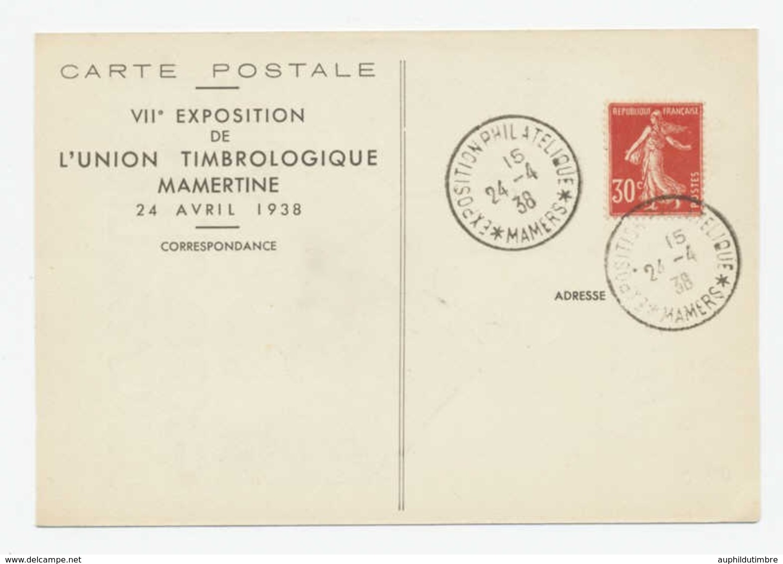 1938 Superbe CP 7ème Exposition Phil. De MAMERS C817 - Bolli Commemorativi