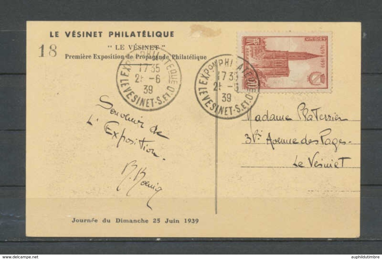 1938 Superbe CP Oblitéré Expo Phil. LE VESINET. CP Portant Le N°18 EXTRA. C828 - Commemorative Postmarks