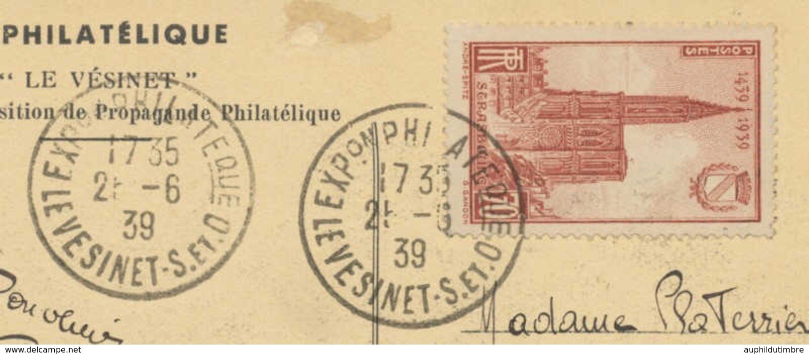 1938 Superbe CP Oblitéré Expo Phil. LE VESINET. CP Portant Le N°18 EXTRA. C828 - Gedenkstempels