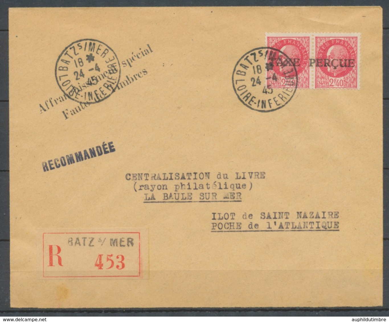 Enveloppe ILOT De St NAZAIRE 4f80 Rose Griffe TAXE PERCUE Recommandé H2280 - Guerra De 1939-45