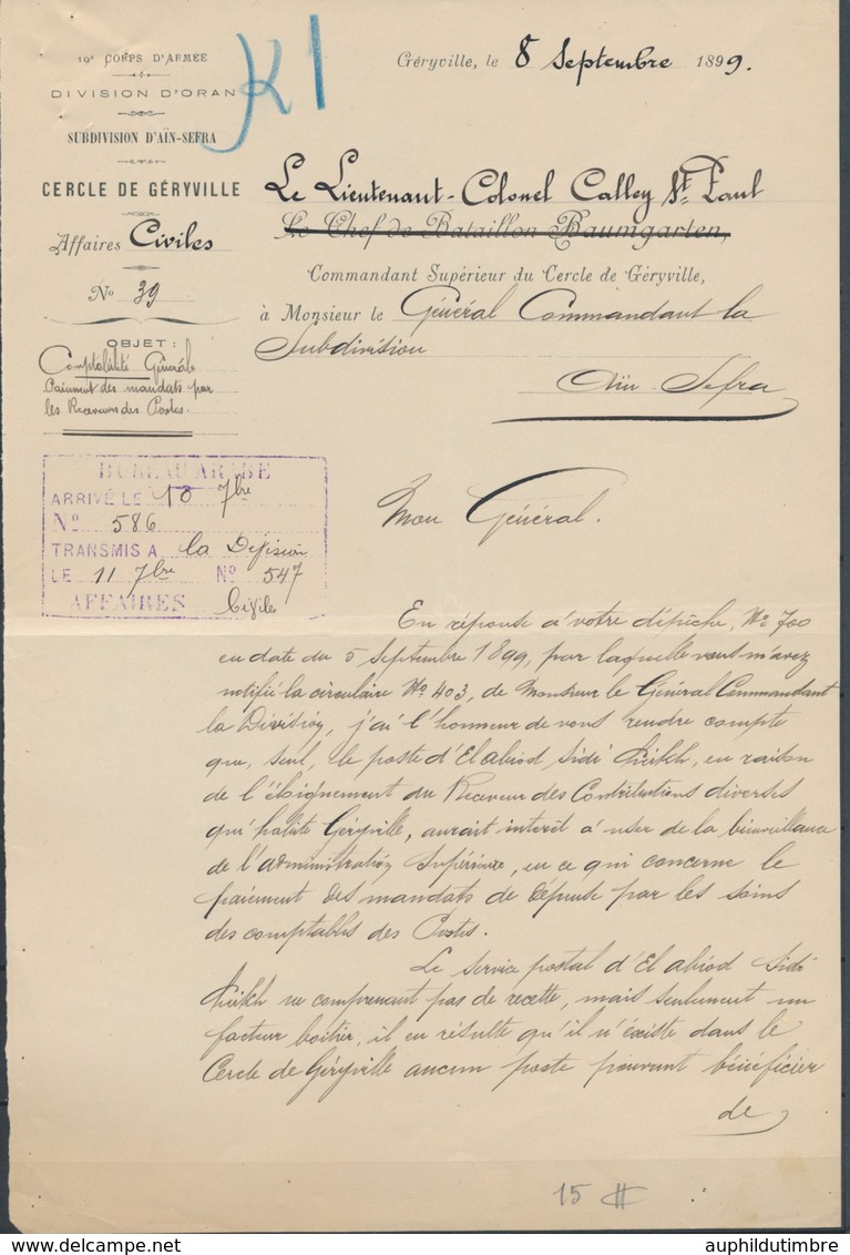 1899 Document Signé Du Lieutenant Calley St Paul 10ème Corps Armée à Oran N1804 - Marques D'armée (avant 1900)