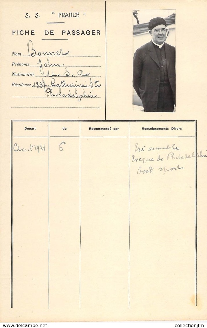 RARE LOT 12 FICHE DE PASSAGER PAQUEBOT S.S. FRANCE 1931 / USA - Autres & Non Classés