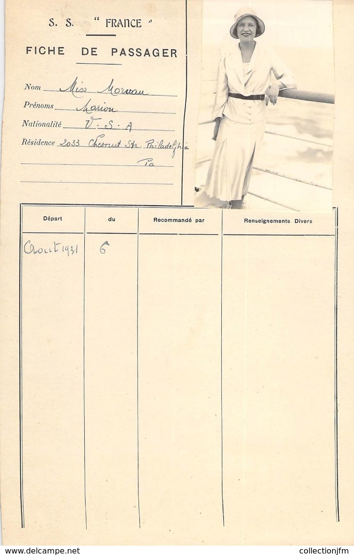 RARE LOT 12 FICHE DE PASSAGER PAQUEBOT S.S. FRANCE 1931 / USA
