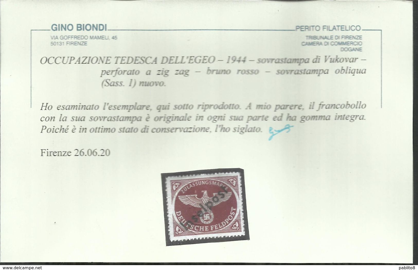 EGEO 1944 OCCUPAZIONE TEDESCA SOPRASTAMPA INSELPOST DI VUKOVAR OVERPRINTED BRUNO ROSSO MNH CERTIFICATO - Egée