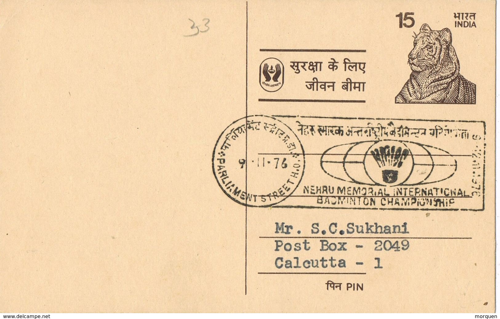 36816. Entero Postal CALCUTTA (India) 1976. TIGER. Sport BADMINTON - Badminton