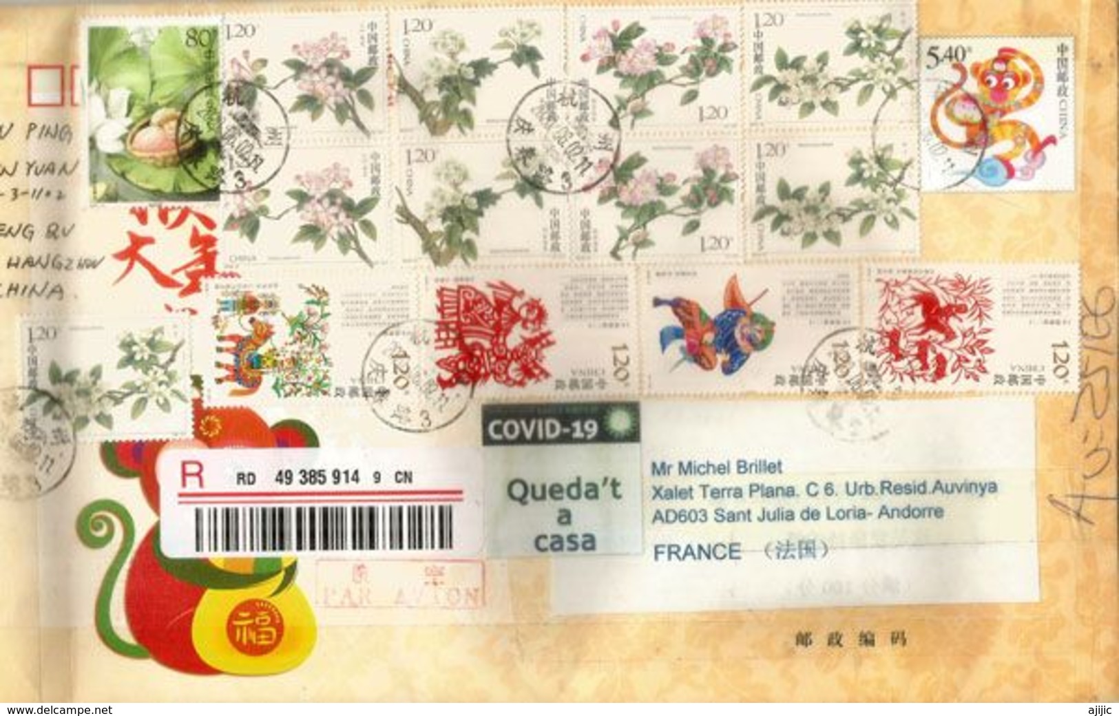 COVID19/CORONAVIRUS. Registered Letter From CHINA, Sent To Andorra, With STAY AT HOME/QUEDA'T A CASA  Label On Arrival - Variétés Et Curiosités