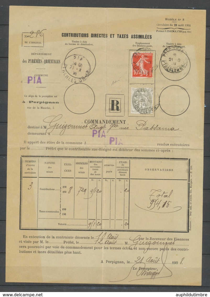 1908 Lettre Rare Tarif à 11c Contrainte "Contributions Et Taxes" Signée P1698 - 1877-1920: Période Semi Moderne