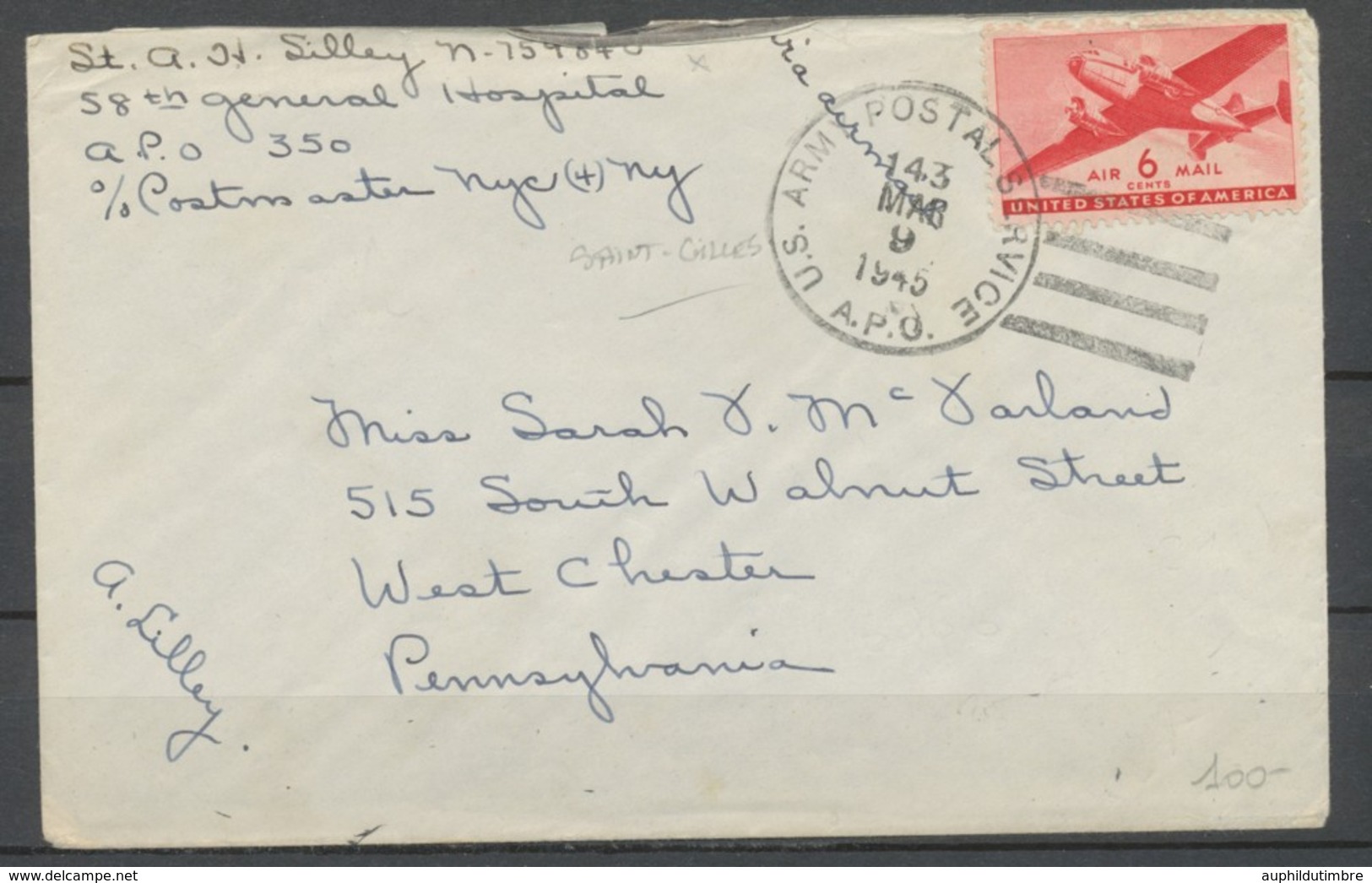 1945 Env. US ARMY POSTAL A.P.O. N°350 De Saint Gilles à West Chester P1865 - Guerra Del 1939-45