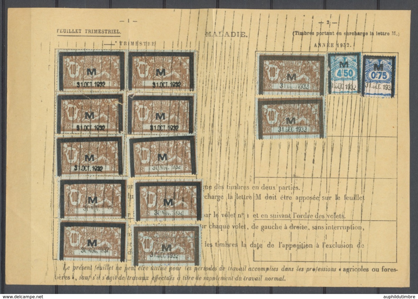 1932 Feuillet Assurances Sociales Type MERSON Surch M 14 Timbres 125f25 P2588 - 1877-1920: Periodo Semi Moderno