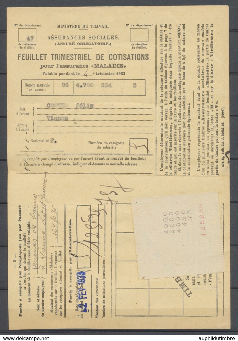 1932 Feuillet Assurances Sociales Type MERSON Surch M 14 Timbres 125f25 P2588 - 1877-1920: Semi-Moderne