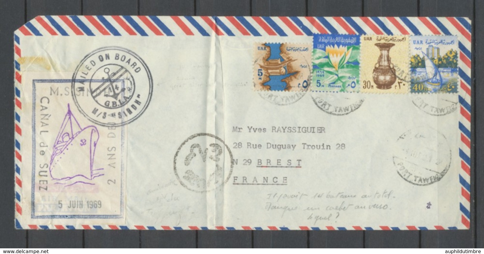 1969 Lettre Blocus Du Canal De Suez 4 Timbres UAR + étiq.Navire MS SINDH P2924 - Andere-Europa