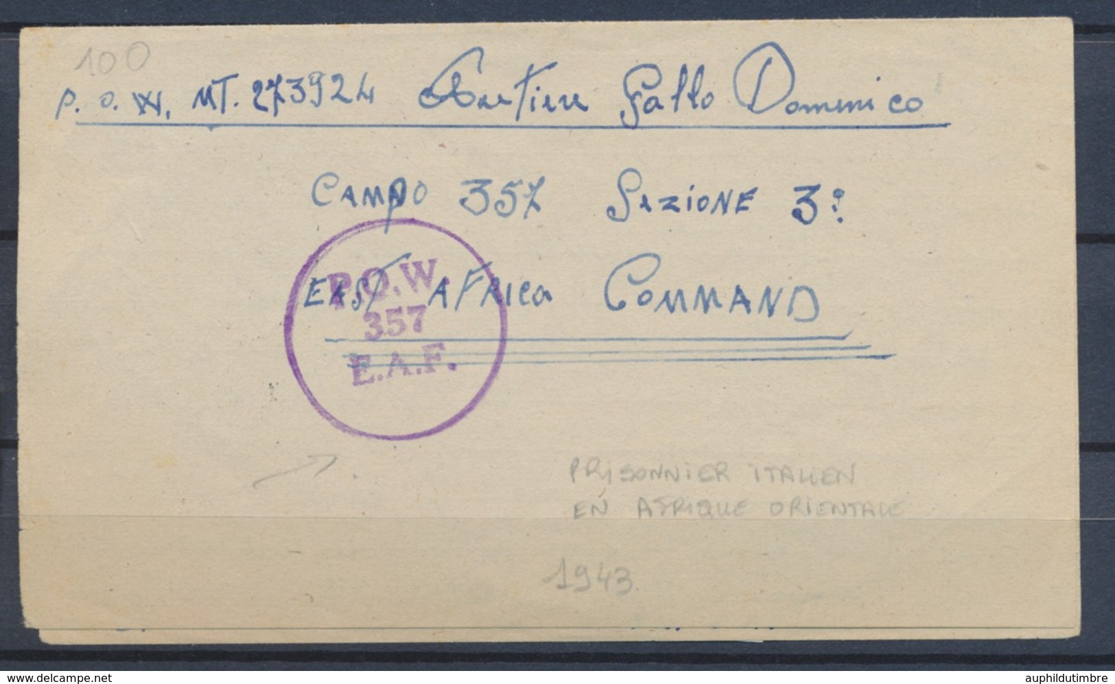 1943 Lettre En FM Prisonnier Italien Obl POW EAC Afrique Orientale RARE P2971 - Guerre De 1939-45