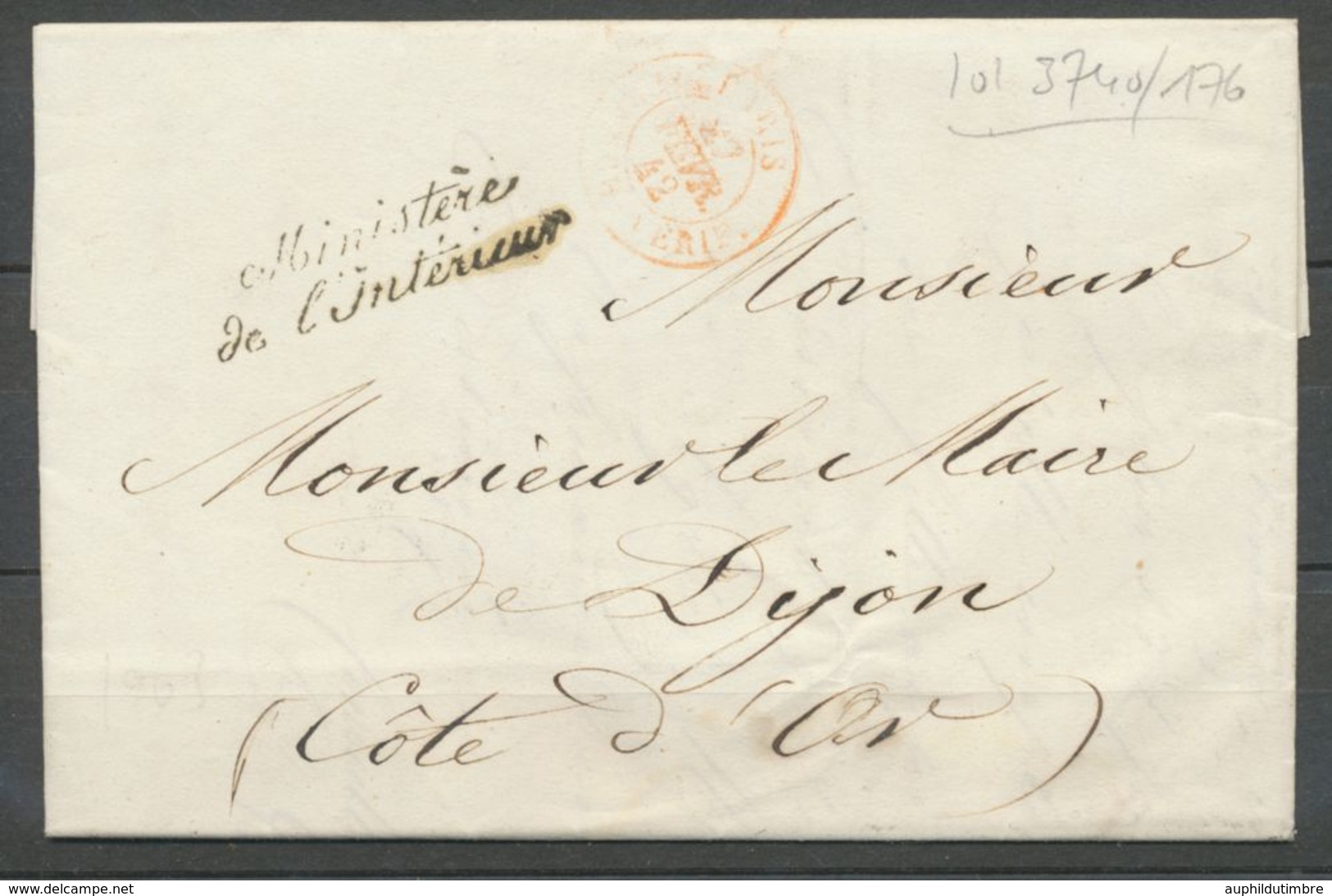 1842 Lettre Franchise Ministère De L'Intérieur + Cachet Rouge P3113 - Burgerlijke Brieven Zonder Portkosten