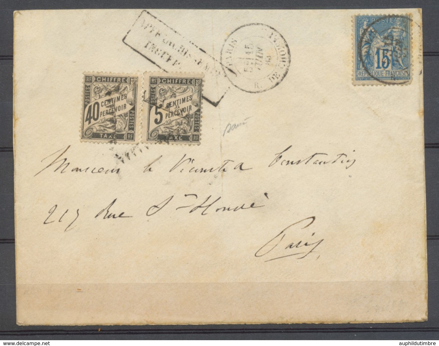 1883 Env. Avec Taxes N°14 Et 19 Obl T + N°90 15c Bleu Paris Pour Paris P3720 - 1859-1959 Cartas & Documentos