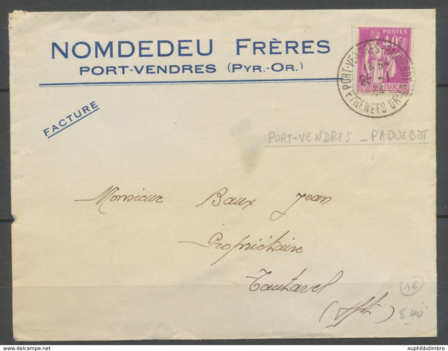 1934 Env. 40c Pasteur Obl PORT-VENDRES/PAQUEBOT PYRENNES ORIENTALES P3749 - Entry Postmarks