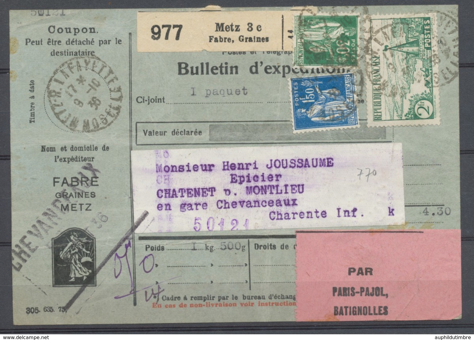 1936 Bulletin D'expédition , Fiscal 50c + 1f80 Paix +2f Rivière Bretonne P3753 - Otros & Sin Clasificación