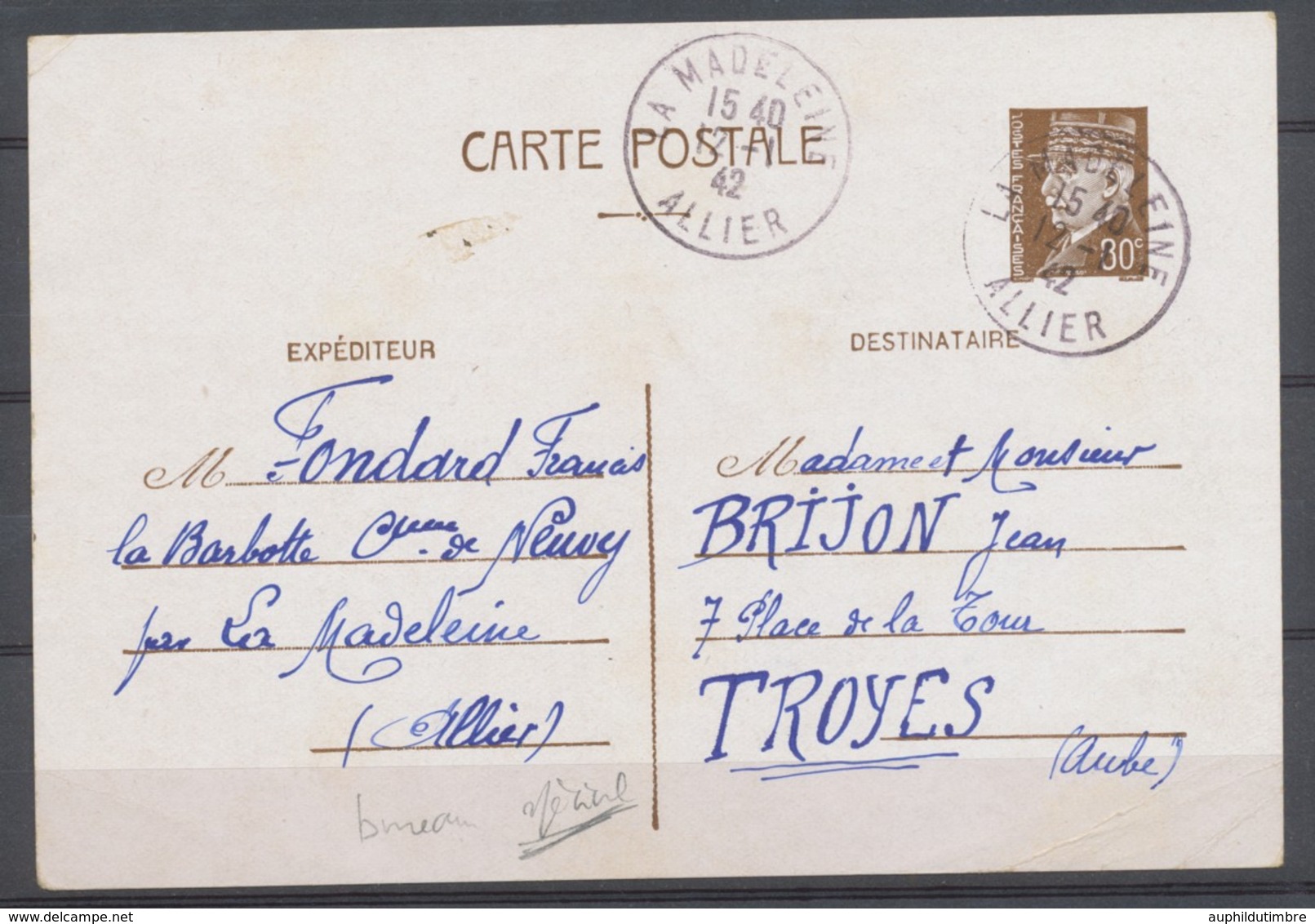 1942 Sur EP Très Rare Cachet Du Bureau Temporaire LA MADELEINE ALLIER P3758 - WW II