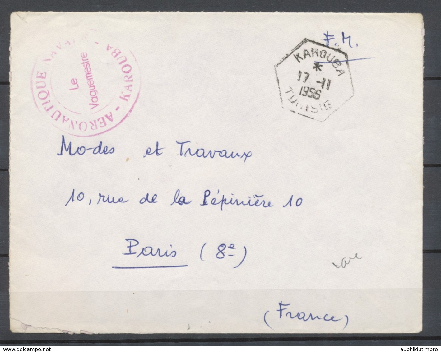 1956 Lettre TUNISIE Obl KAROUBA HEXAGONAL + Base Aéronautique Rouge SUP. P3968 - Colecciones