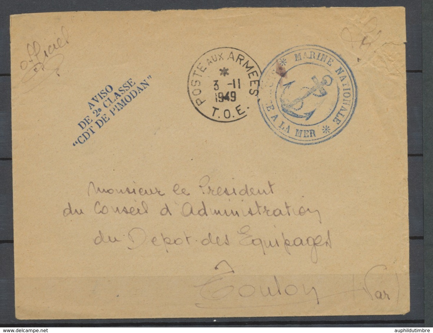 1949 Lettre Aviso De 2eme Classe CDT DE PIMODAN + POSTE AUX ARMEES TOE P4009 - Army Postmarks (before 1900)