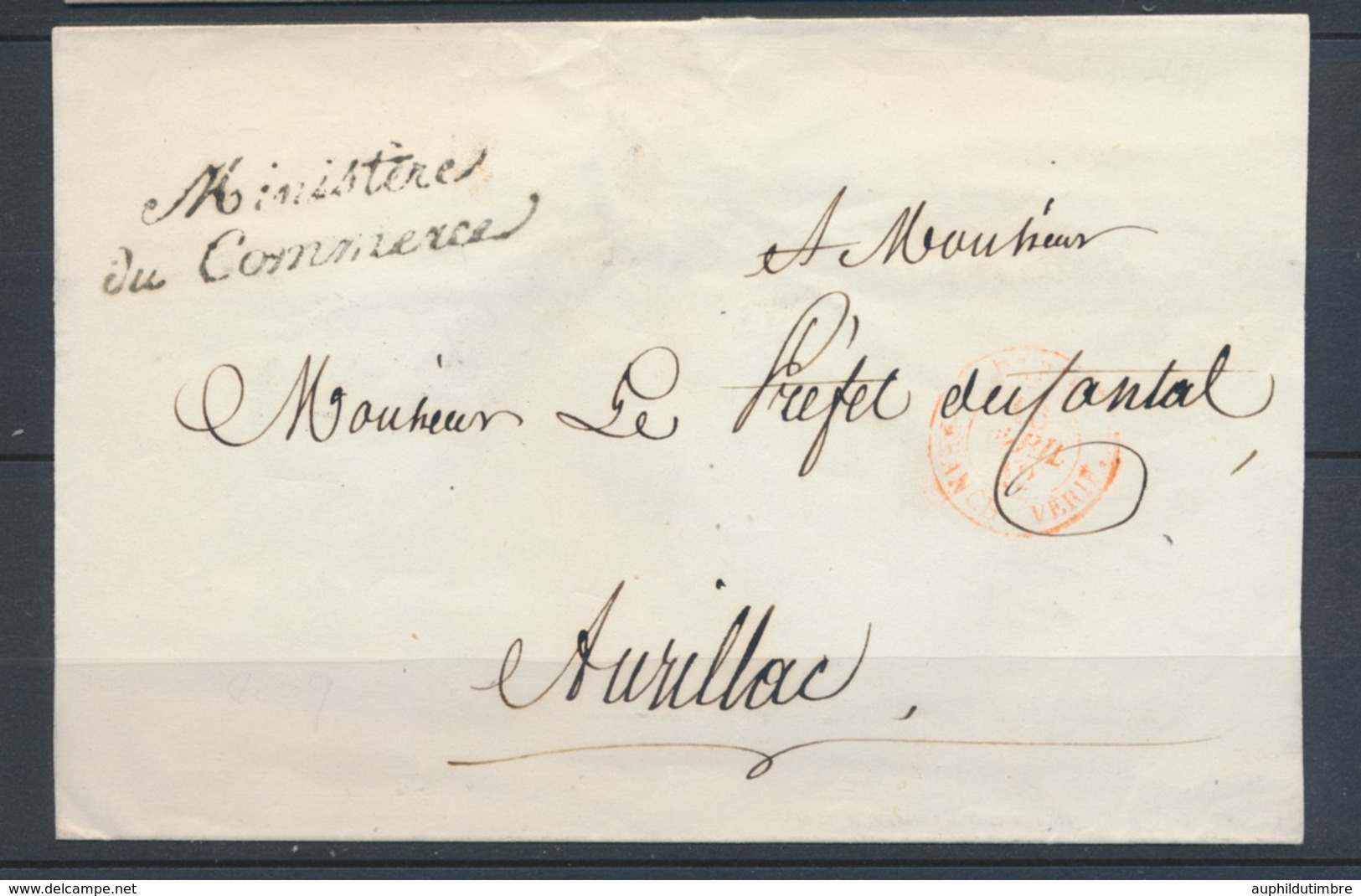 1832 Lettre En Franchise Griffe Ministère Du Commerce + CAD Rouge Verif P4092 - Civil Frank Covers