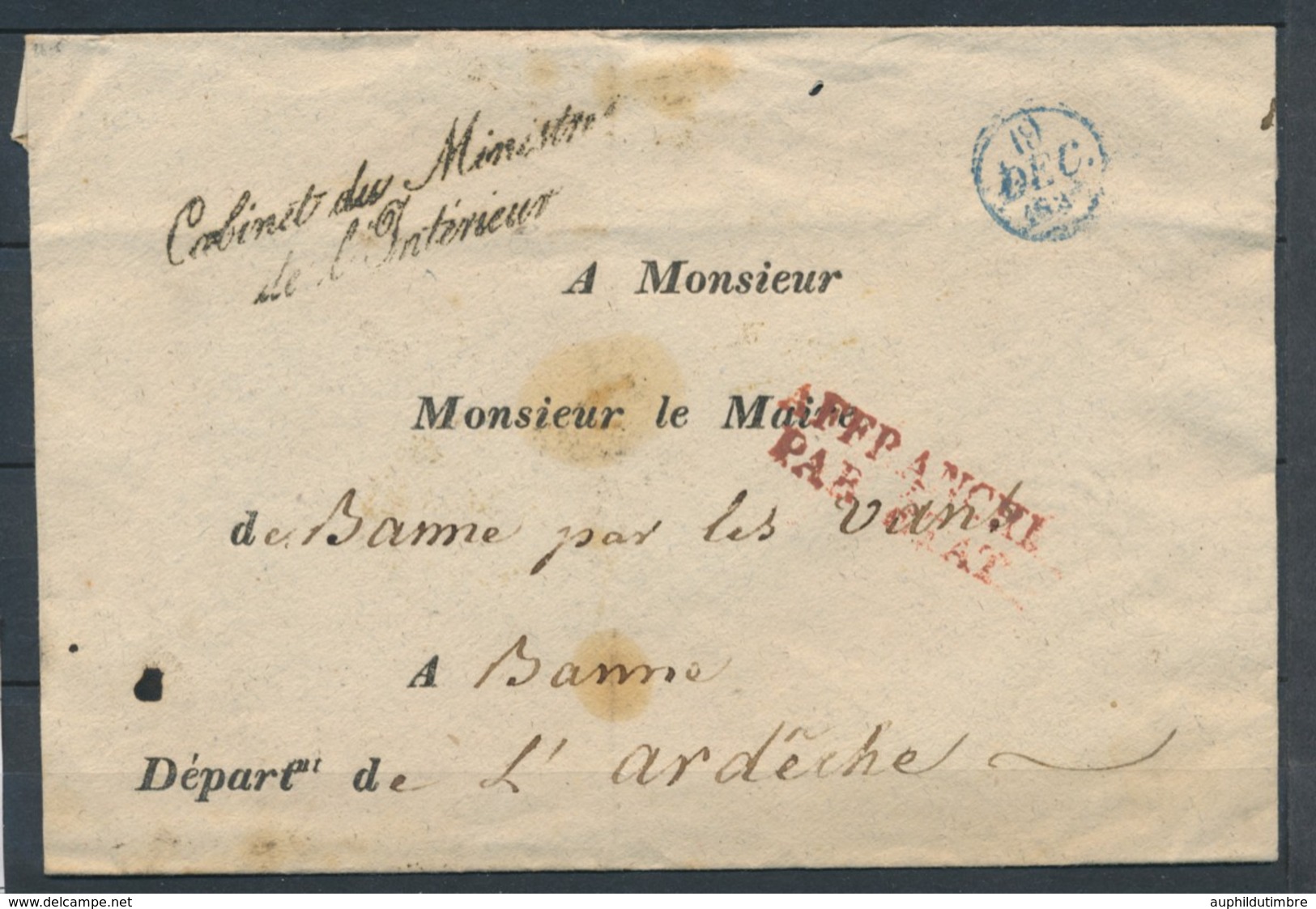 183x Lettre En Franchise Griffe Cabinet Du Ministre De L'Intérieur P4097 - Civil Frank Covers