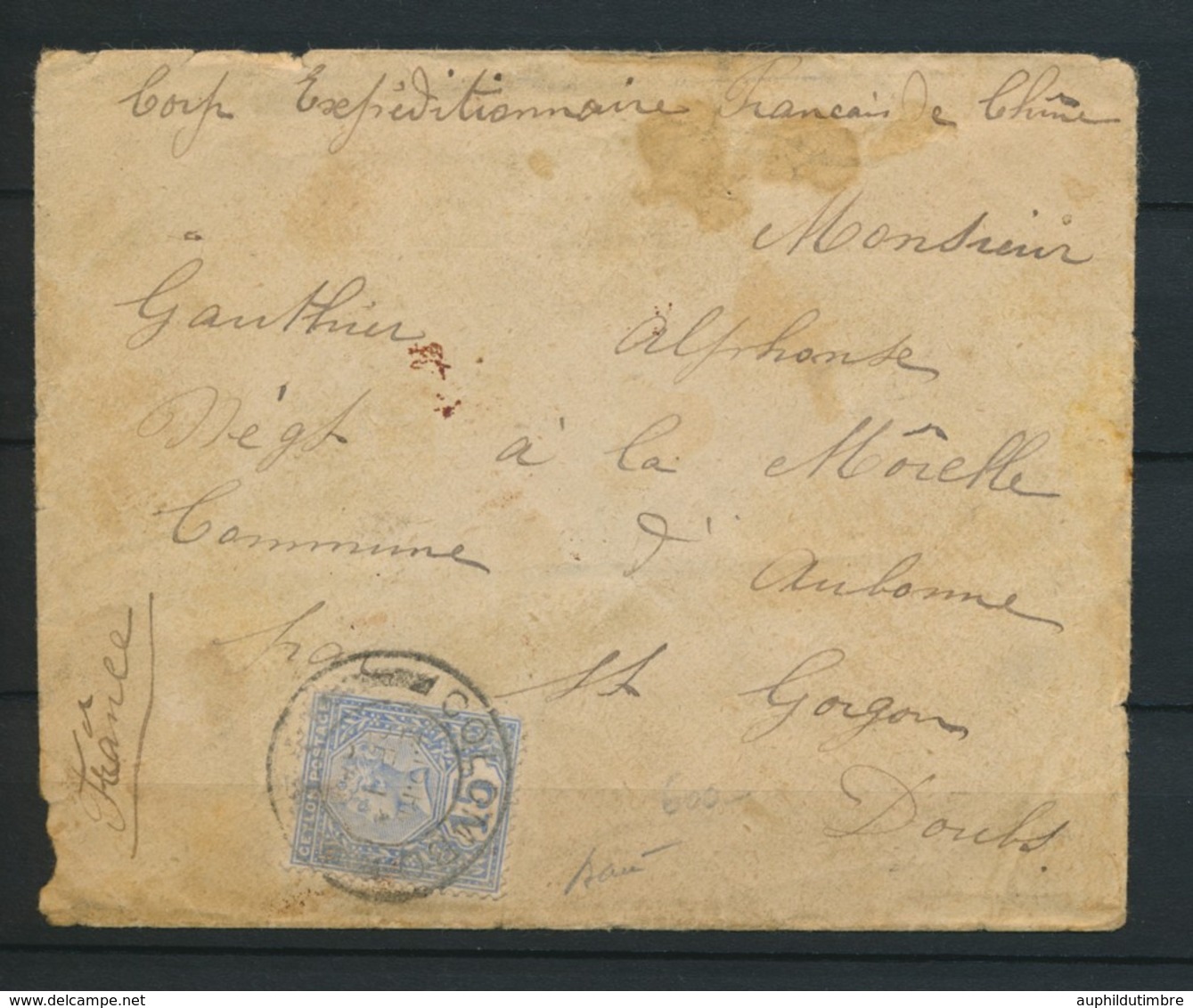 1900 Env. Corps Exp. De Chine TP Ceylan 15C Obl. COLOMBO. RARE P4485 - Armeestempel (vor 1900)