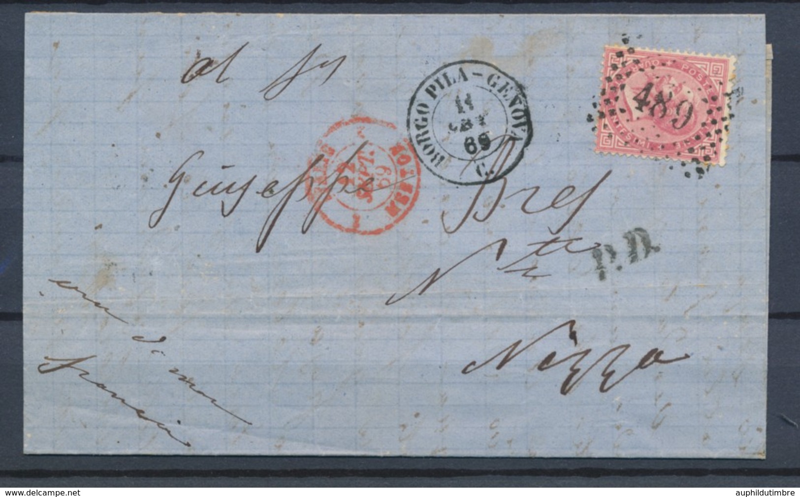 1869 Lettre Italie 40c Obl 489 CAD BORGO-PILA GENOVA Pr NIZZA P4506 - Europe (Other)