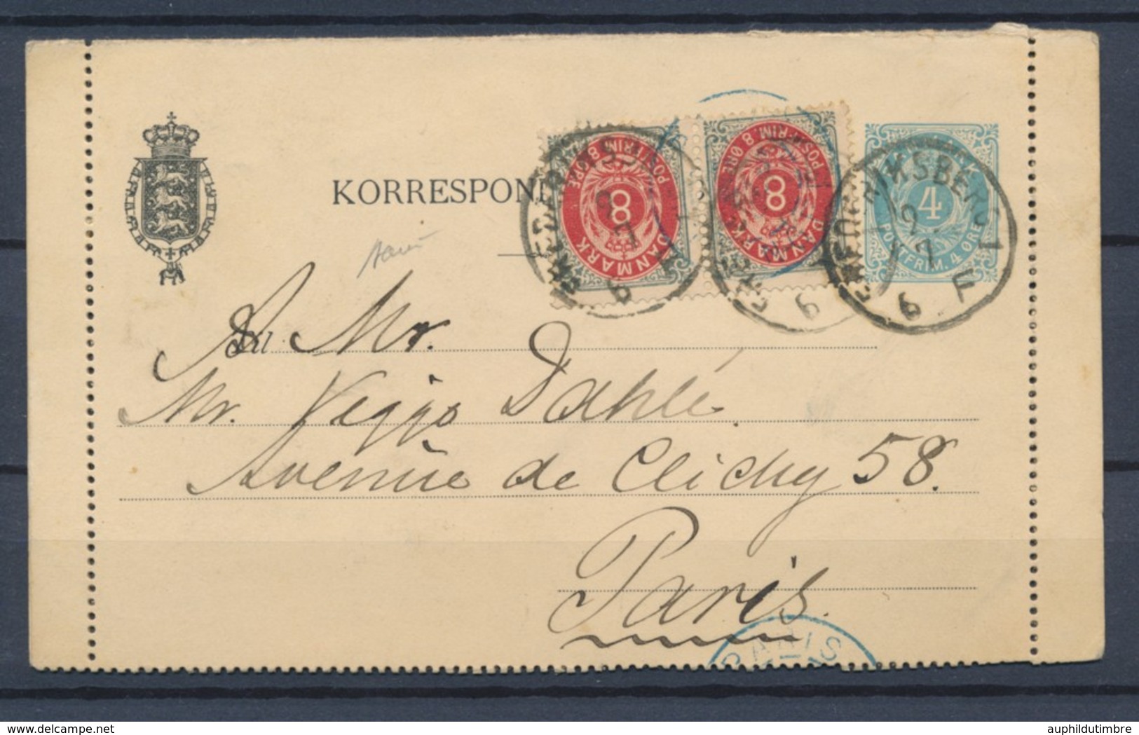 1889 Danemark Entier CL 4 Ore Bleu + Paire 8 Ore Pr Paris P4508 - Autres - Europe