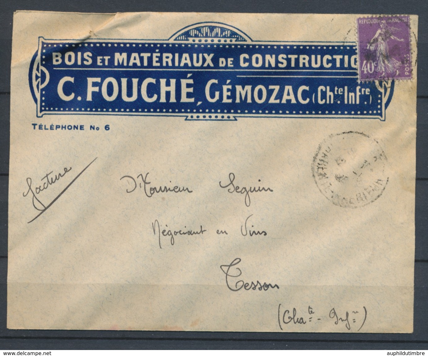 1928 Enveloppe Illustrée BOIS MATERIAUX De CONSTRUCTION FOUCHE GEMOZAC P4816 - 1877-1920: Semi-Moderne