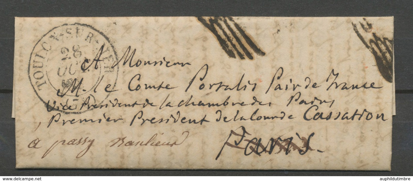 1837 Lettre En Franchise De Toulon Pour Paris + Marques De Vérif. P5192 - Cartas Civiles En Franquicia