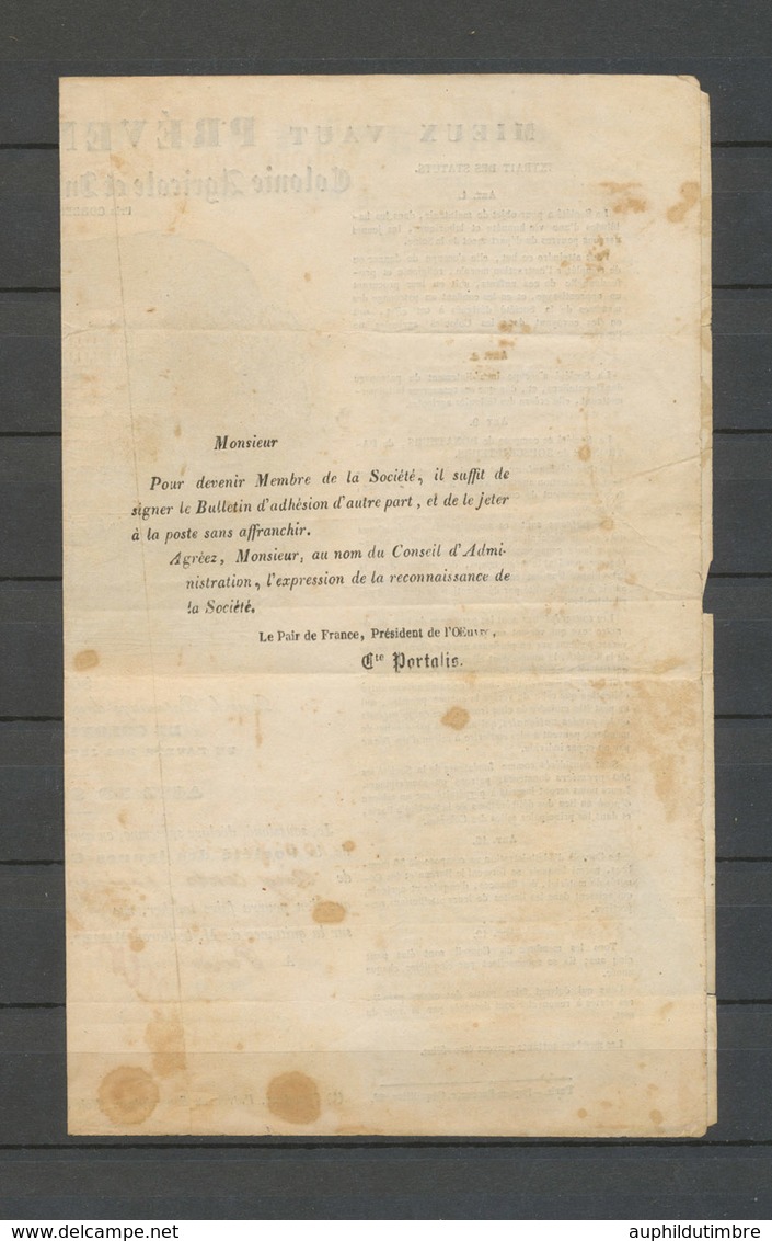 1844 Sur Imprimé Reçu De Souscription Colonie Agricole + Franchise P5201 - Civil Frank Covers