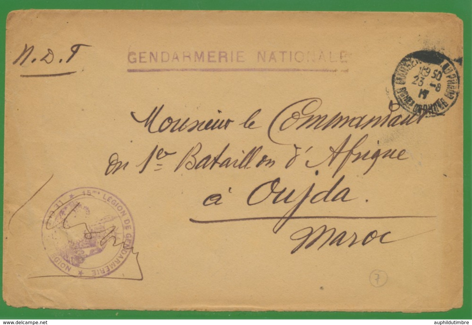 Enveloppe GENDARMERIE NATIONALE CAD D' Arrivée Au Maroc Le 31/08/1917. P681 - Cartas Civiles En Franquicia