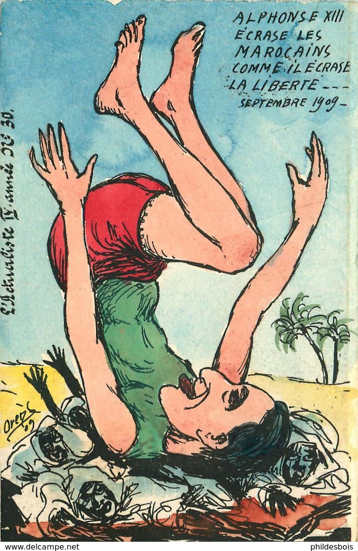 CARICATURE SATIRIQUE POLITIQUE Illustrateur ORENS (dessin Original) Alphonse XIII Ecrase Les Marocains - Orens