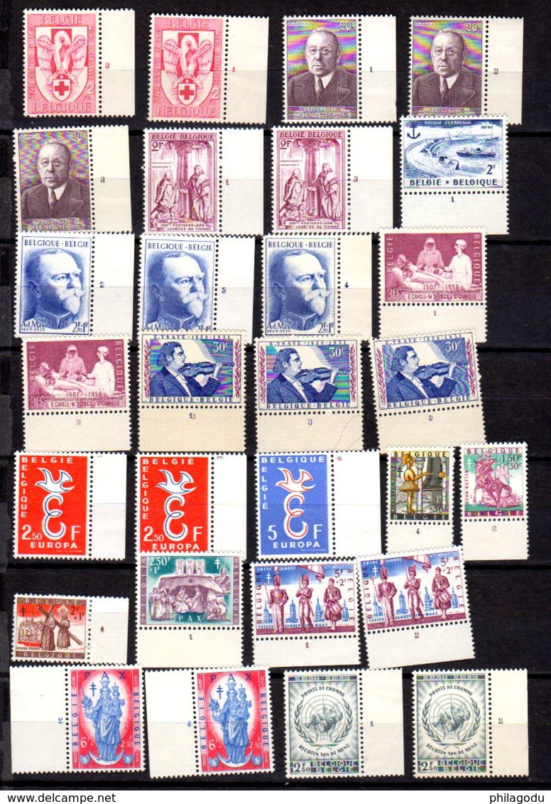 Belgique 1956-58, Timbres Neufs Avec Numéro De Planche Différents - ....-1960