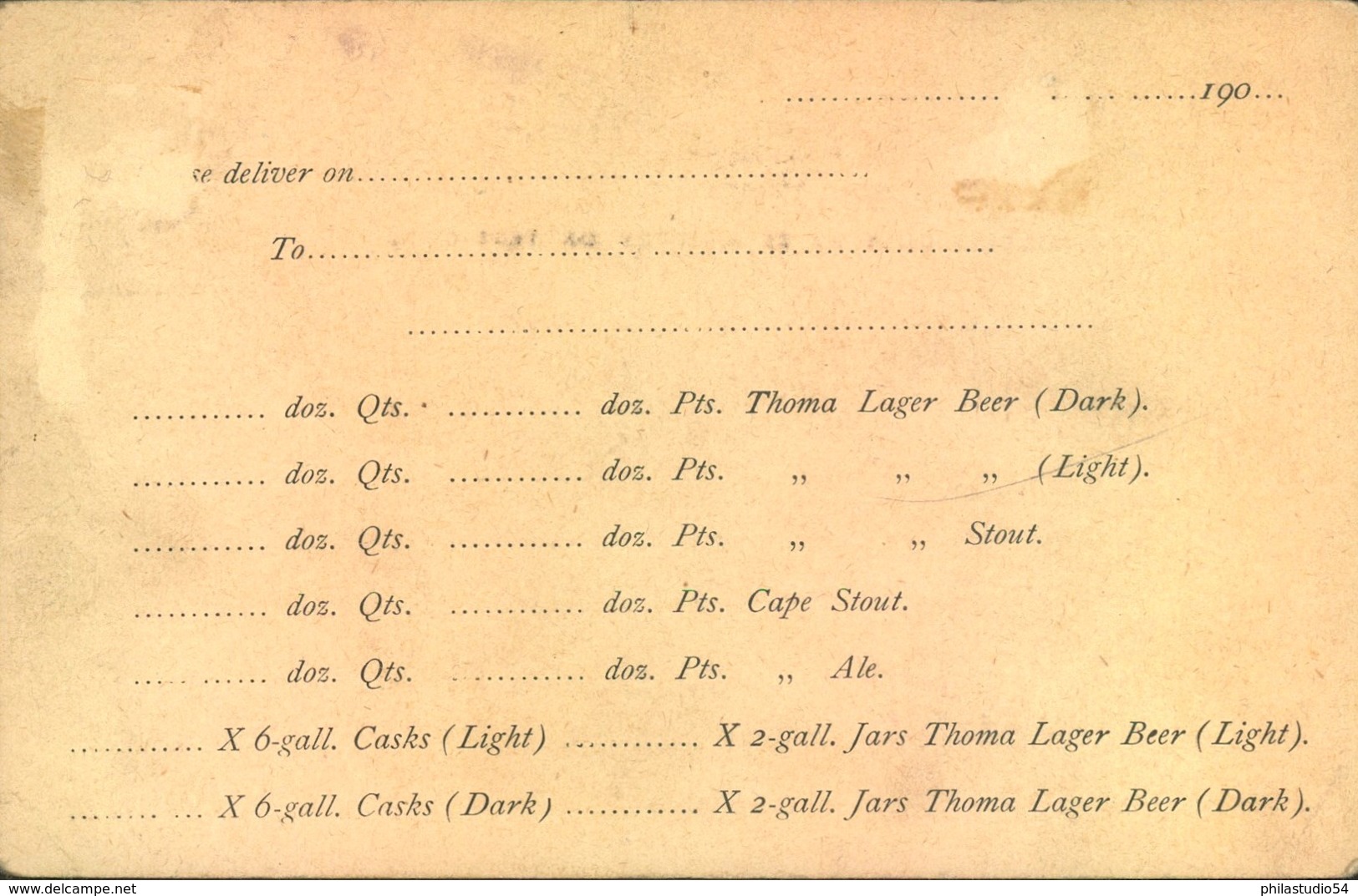 1902 (ca.), Beer Order Card "Ohlsson' S Cape Breweries, Ltd:2 Johannesburg - Beers