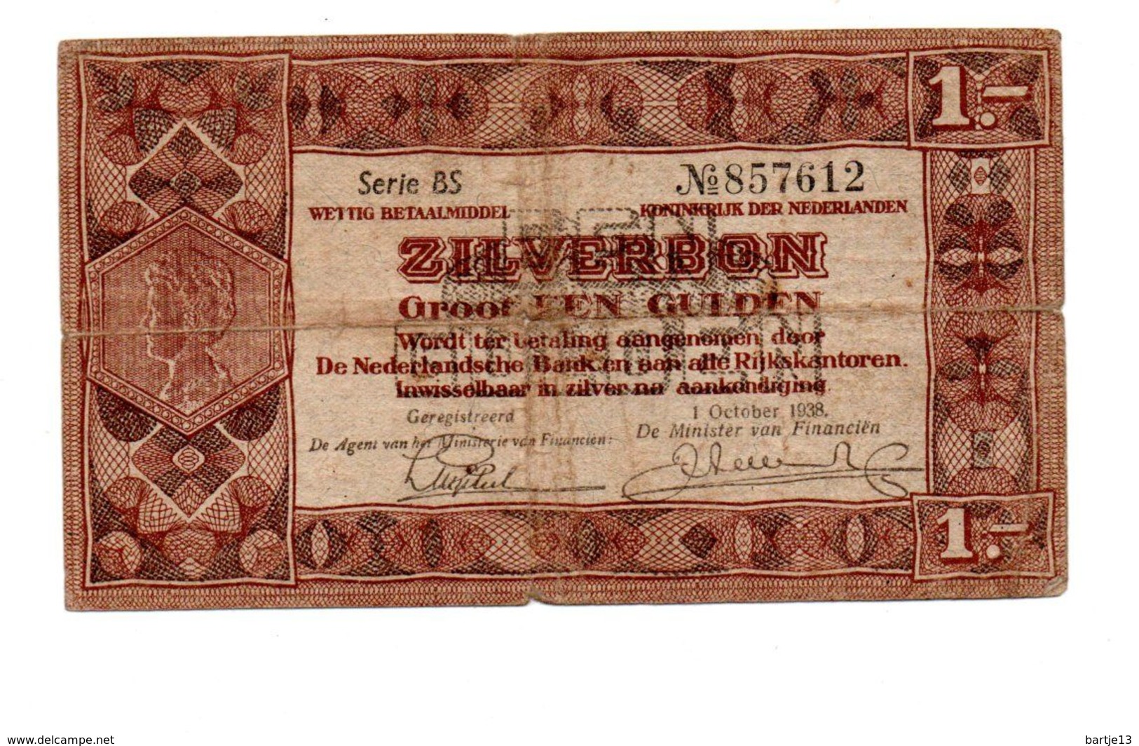 NEDERLAND ZILVERBON 1 GULDEN 1938 - 1 Gulden