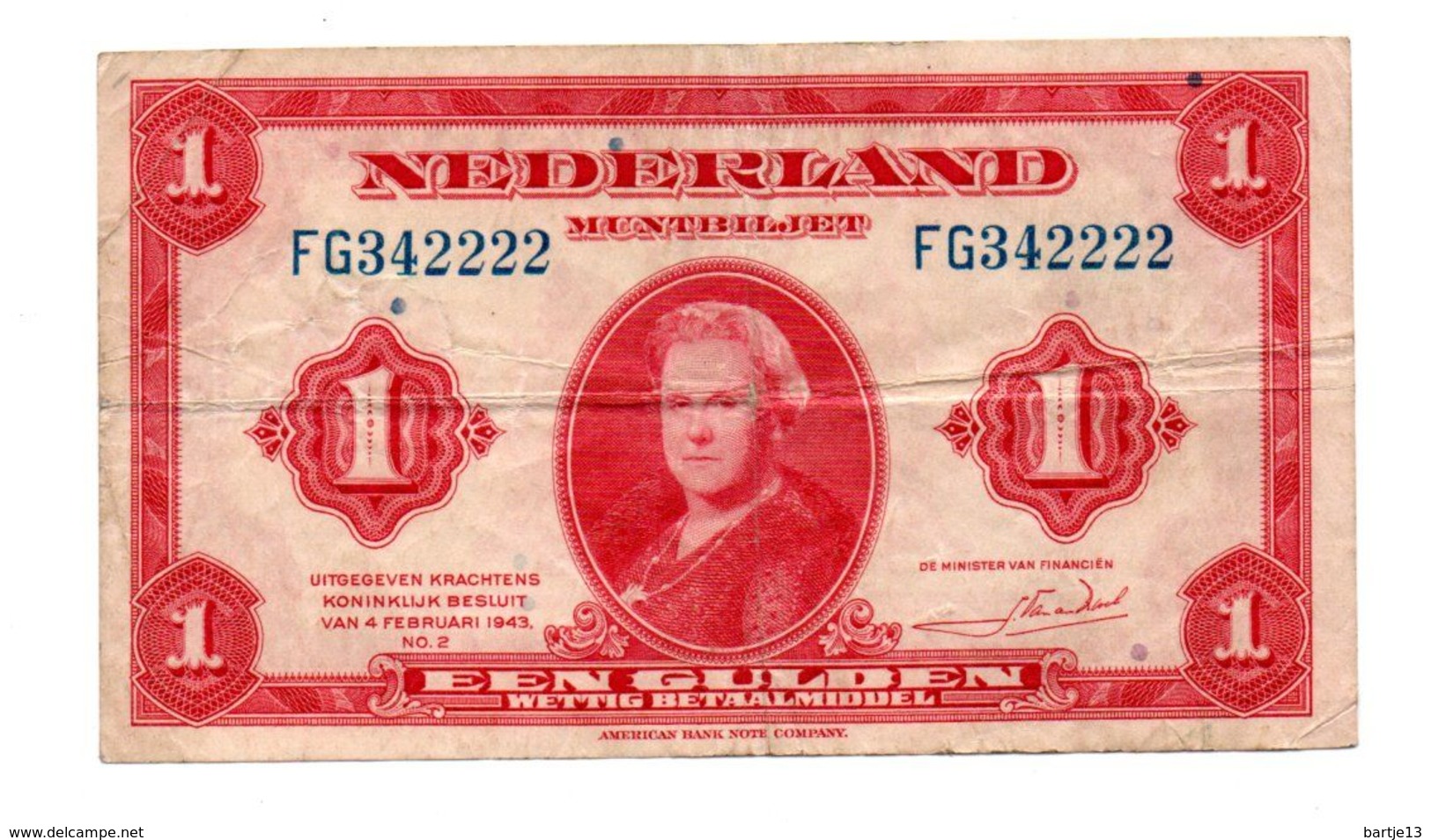 NEDERLAND MUNTBILJET 1 GULDEN 1943 - 1 Gulden