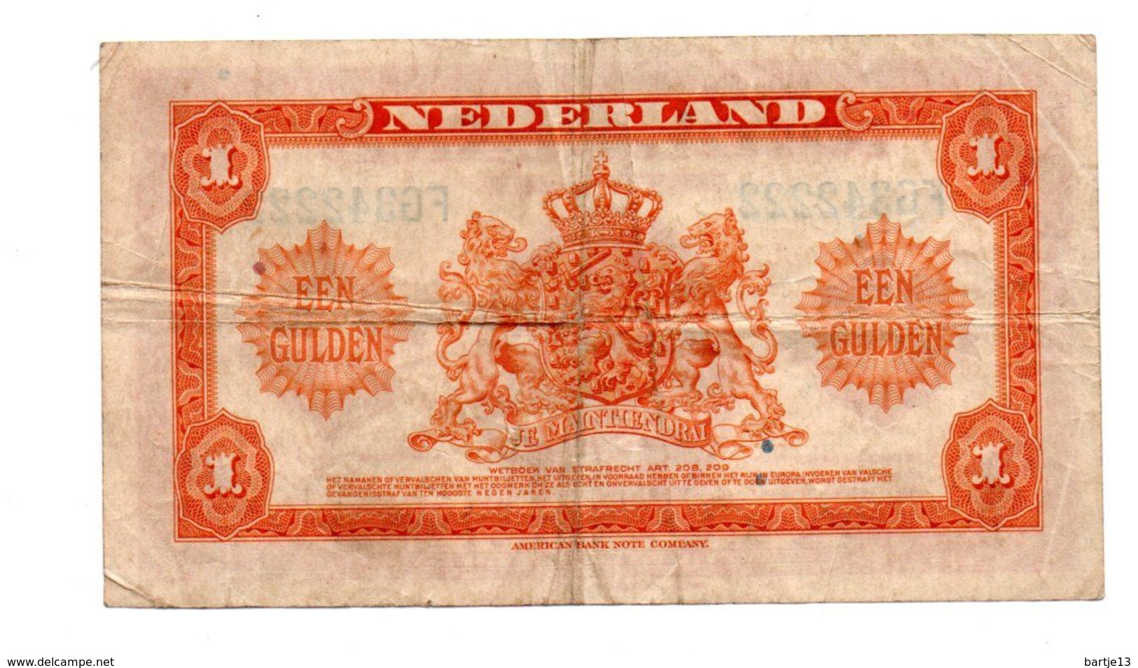 NEDERLAND MUNTBILJET 1 GULDEN 1943 - 1 Gulden