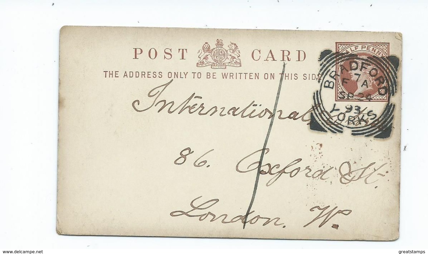 Great Britain Victoria Prepaid 1/2d Postcard  Clear Crisp Cancel Squared Circle Bradford F7a  1893 - Storia Postale