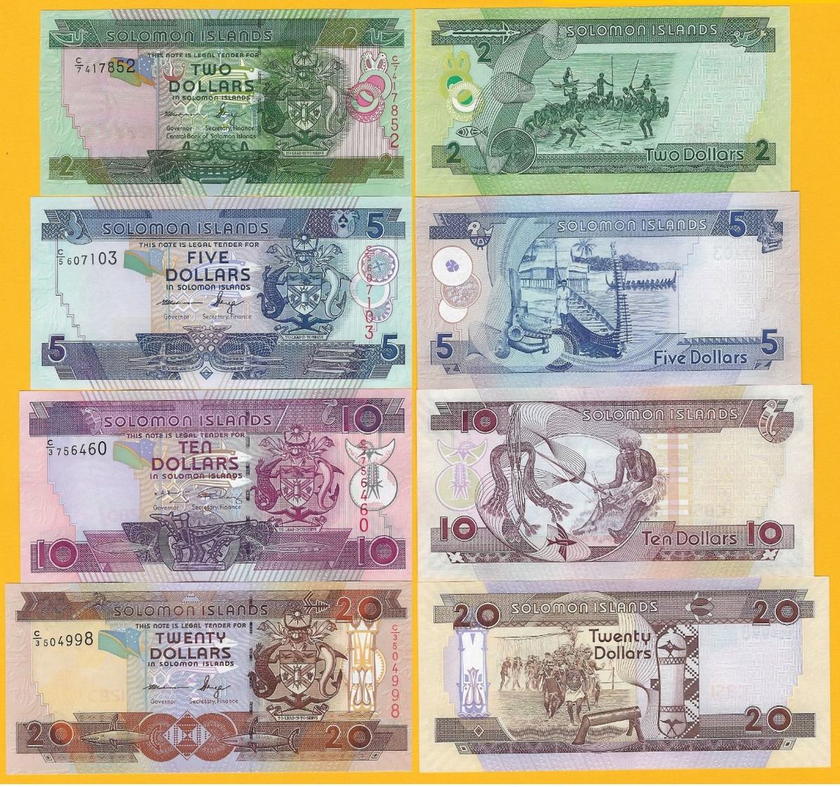 Solomon Islands Set 2, 5, 10, 20 Dollars UNC Banknotes - Isola Salomon