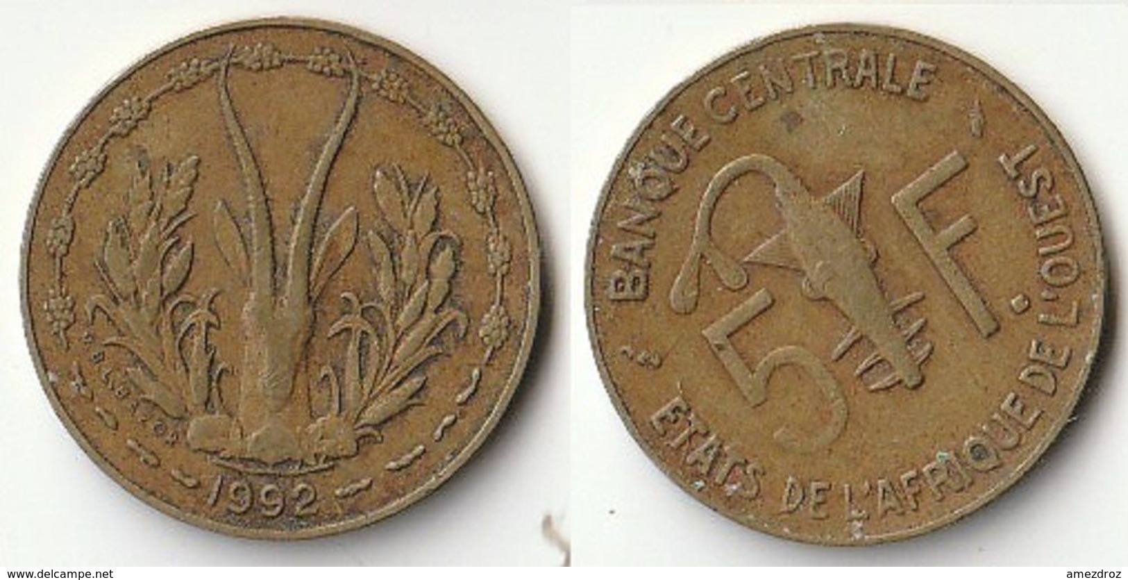 Pièce De 5 Francs CFA XOF 1992 Origine Côte D'Ivoire Afrique De L'Ouest (v) - Costa D'Avorio