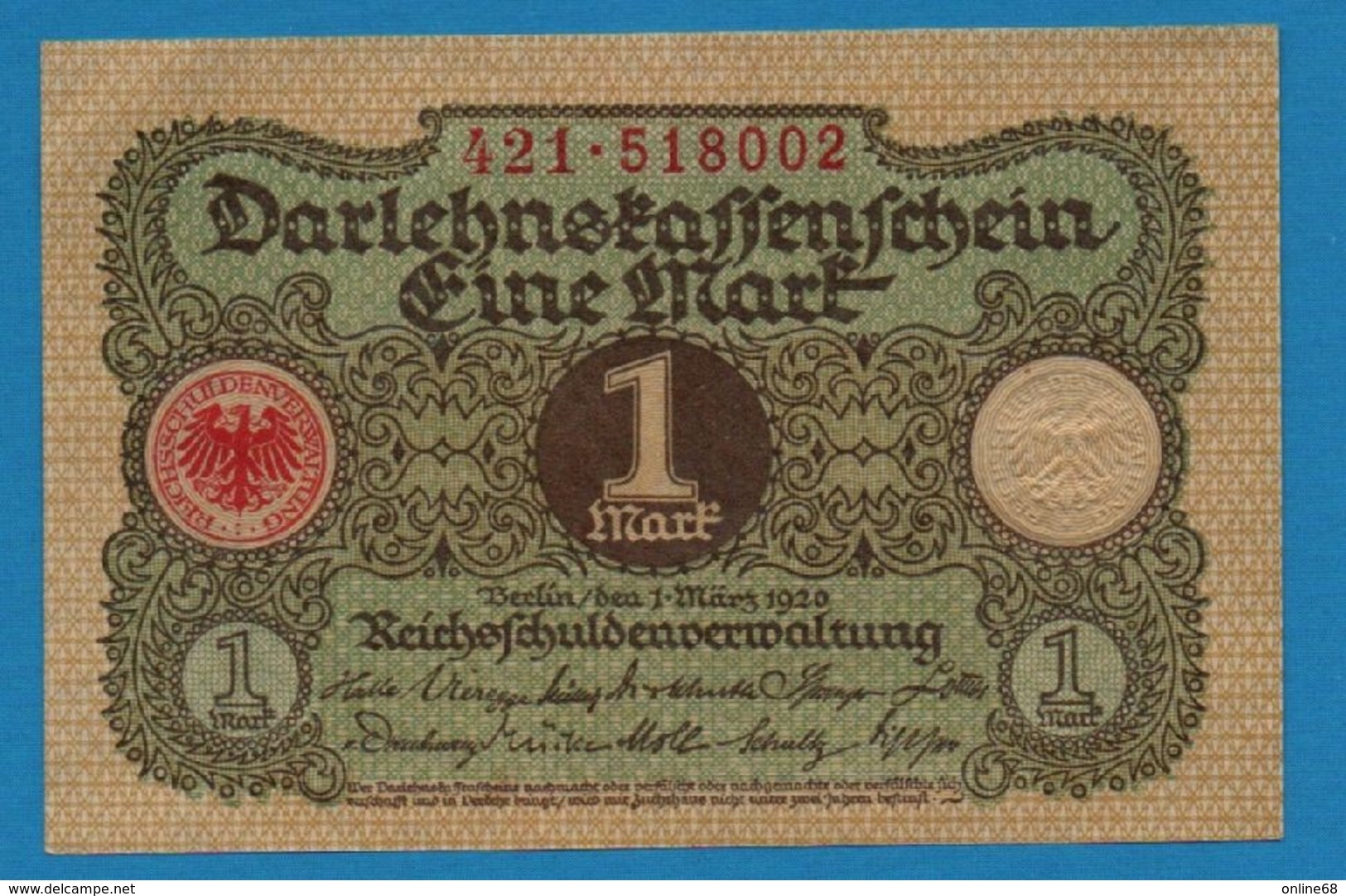 DEUTSCHES REICH 1 MARK 01.03.1920  # 412.518002   P# 58  DARLEHENSKASSENSCHEIN - Reichsschuldenverwaltung