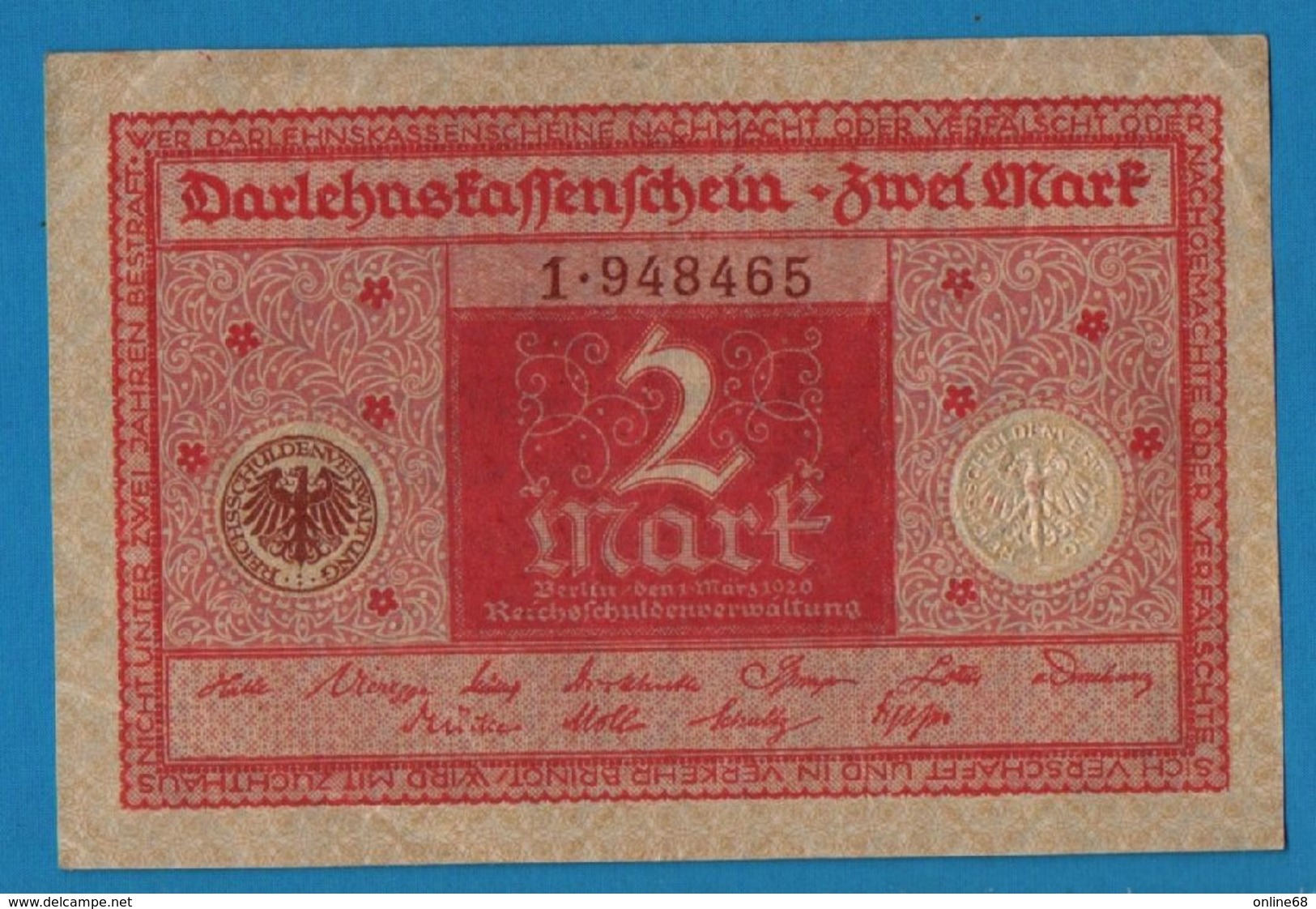 DEUTSCHES REICH 2 Mark	01.03.1920	Série # 1. 948465   P# 59	DARLEHENSKASSENSCHEIN - Imperial Debt Administration